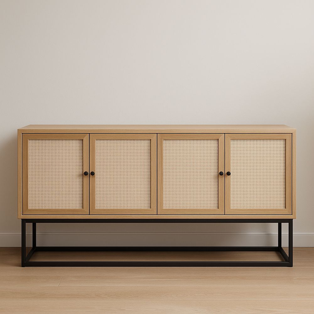 Credenza in legno naturale e rattan con struttura in metallo nero 160x40x80 cm-Arctilumi