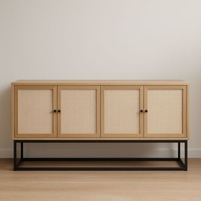 Credenza in legno naturale e rattan con struttura in metallo nero 160x40x80 cm-Arctilumi
