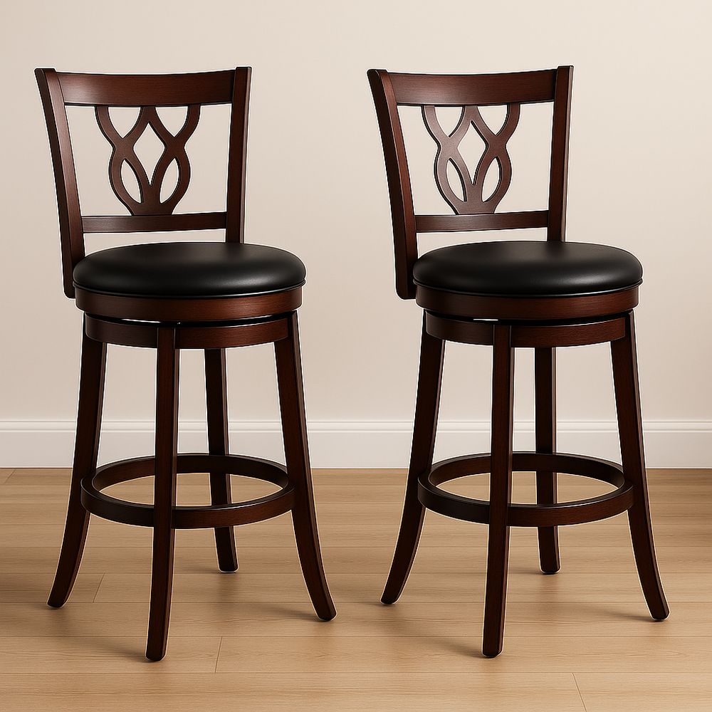 Set di 2 Sgabelli da Bar Girevoli in Legno e Similpelle Nera-Arctilumi