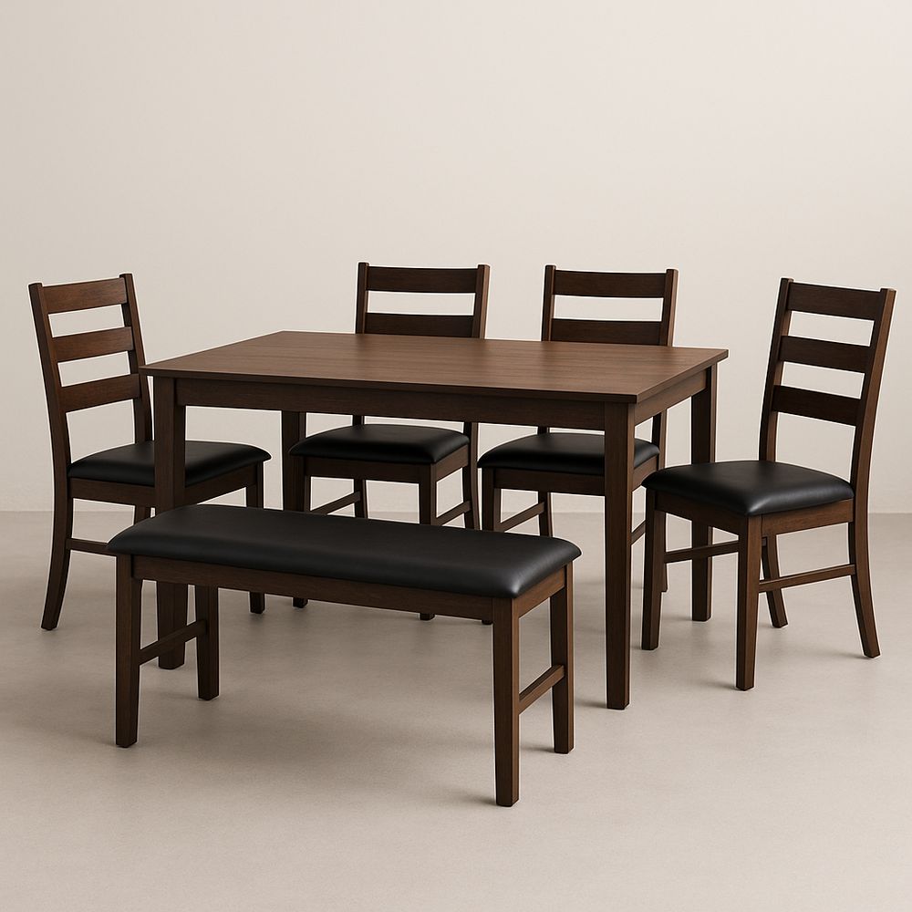 Set Tavolo da Pranzo in Legno con Sedie e Panca in Pelle Nera-Arctilumi