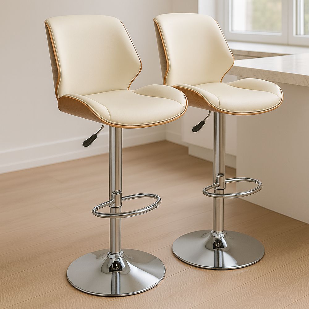 Sgabelli da Bar in Pelle con Schienale in Legno e Base in Acciaio-Arctilumi