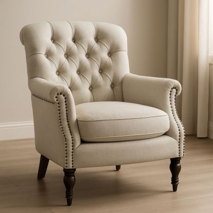 Poltrona in Tessuto Beige con Gambe in Legno e Bottoni-Arctilumi