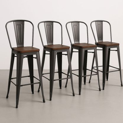 Set di 4 sgabelli industriali in metallo con seduta in legno-Arctilumi