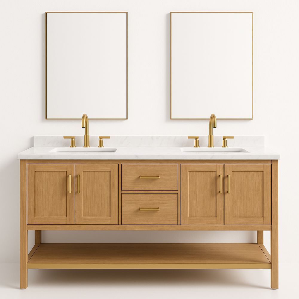 Mobile Lavabo Doppio con Struttura in Legno e Piano in Marmo-Arctilumi