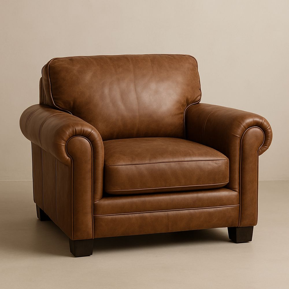 Poltrona in Pelle Marrone con Braccioli Arrotondati-Arctilumi