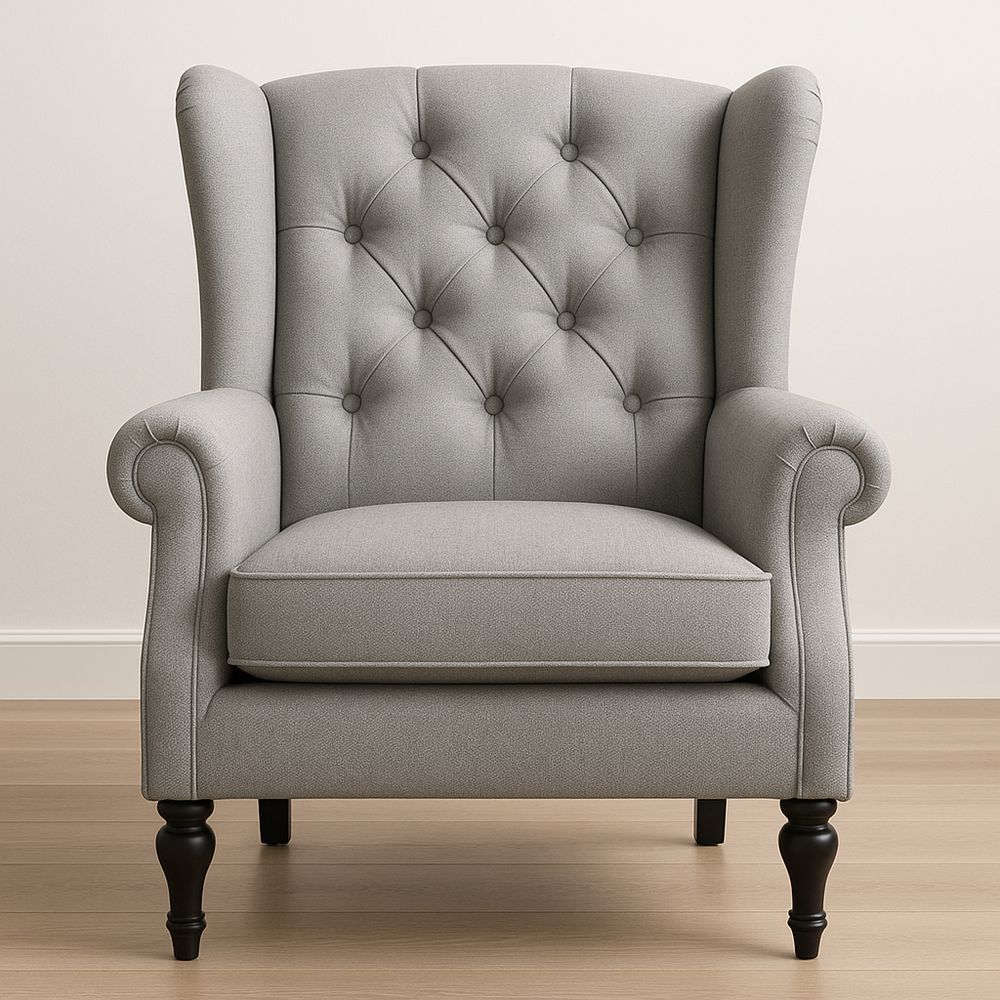 Poltrona Grigia in Tessuto con Schienale Alto e Gambe in Legno-Arctilumi