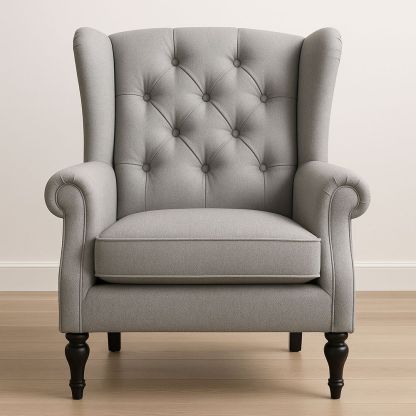 Poltrona Grigia in Tessuto con Schienale Alto e Gambe in Legno-Arctilumi