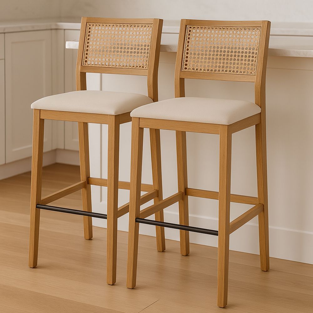 Set di 2 sgabelli bar in legno con seduta in tessuto crema-Arctilumi