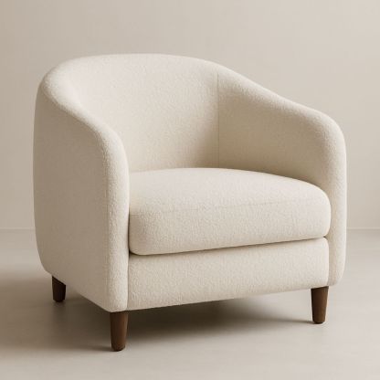 Poltrona in tessuto bouclé crema con gambe in legno-Arctilumi