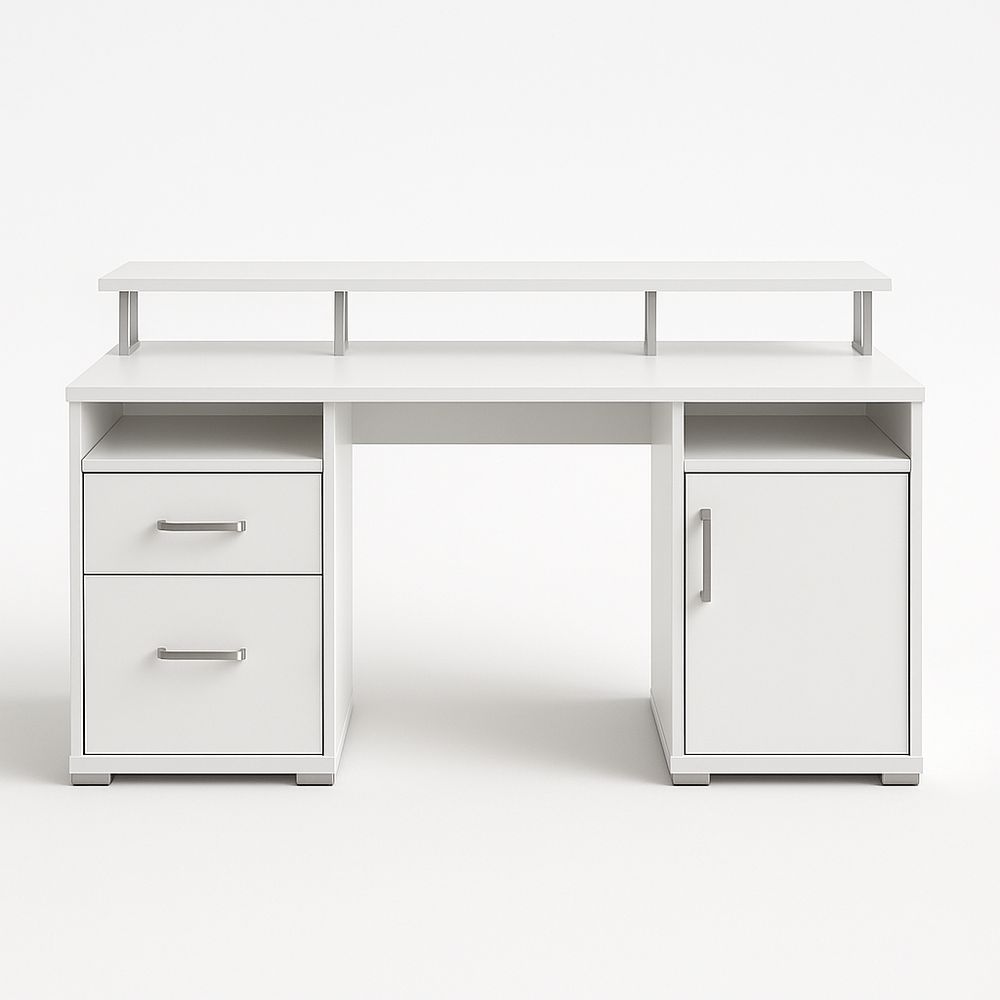 Scrivania in legno MDF con ripiano e cassetti, colore bianco, 150x60x75 cm-Arctilumi