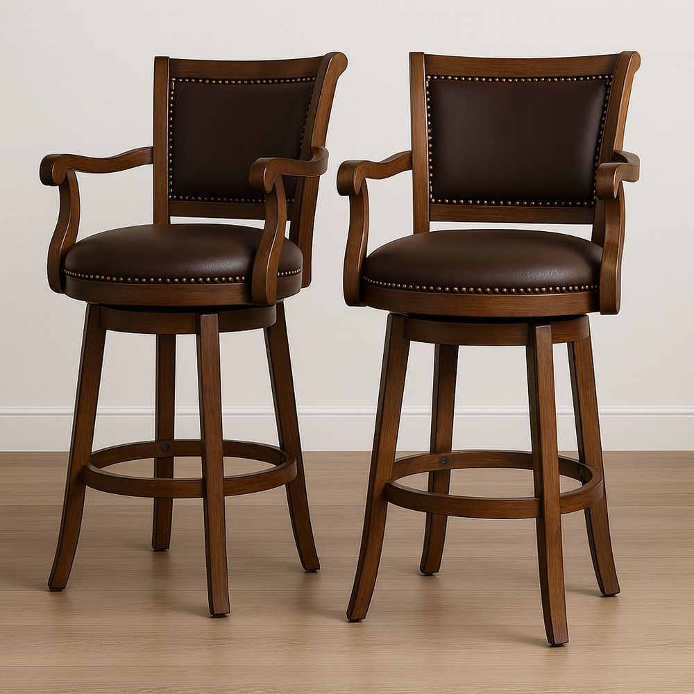 Sgabelli Girevoli in Legno con Pelle Marrone e Schienale Imbottito-Arctilumi