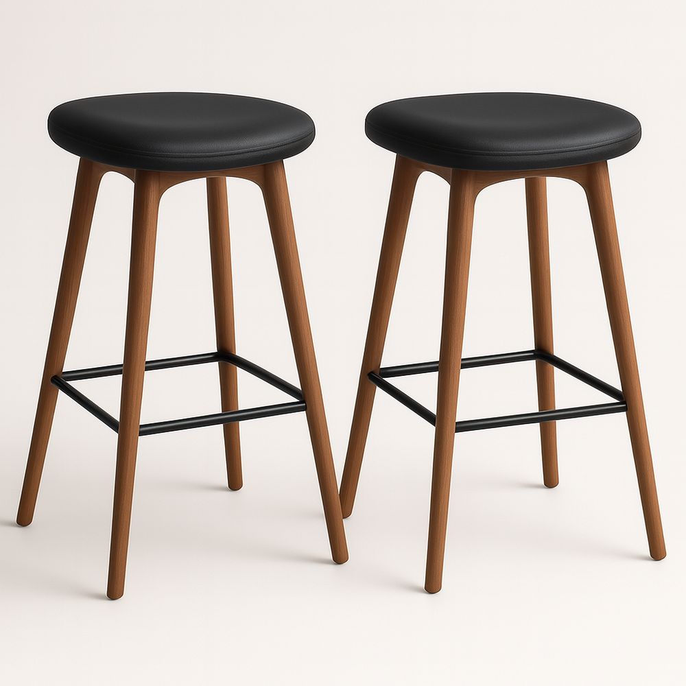 Set di 2 sgabelli in legno con seduta in pelle sintetica nera-Arctilumi