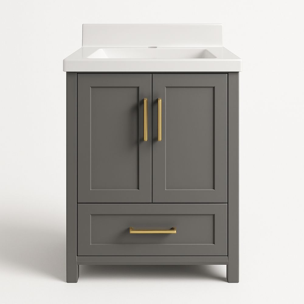 Mobile bagno grigio con lavabo in ceramica e maniglie dorate-Arctilumi