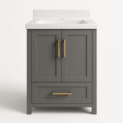 Mobile bagno grigio con lavabo in ceramica e maniglie dorate-Arctilumi