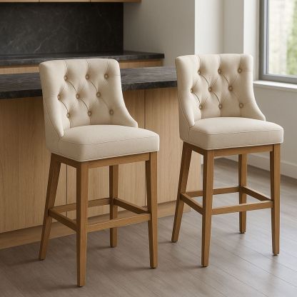 Sgabelli alti in tessuto beige con bottoni e struttura in legno-Arctilumi