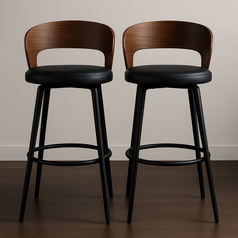 Set di 2 sgabelli da bar in legno e pelle nera con schienale curvo, altezza seduta 75 cm-Arctilumi