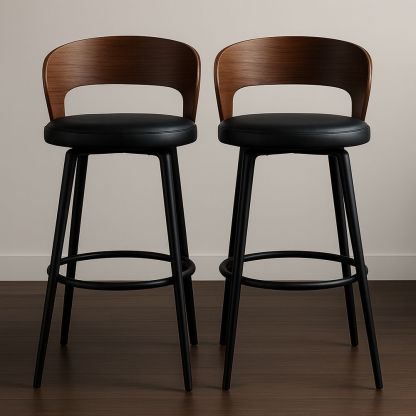 Set di 2 sgabelli da bar in legno e pelle nera con schienale curvo, altezza seduta 75 cm-Arctilumi