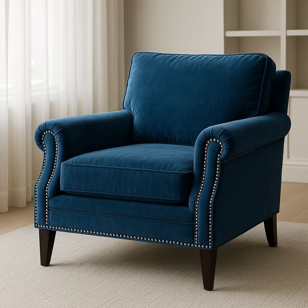 Poltrona in Velluto Blu con Dettagli in Metallo e Gambe in Legno-Arctilumi