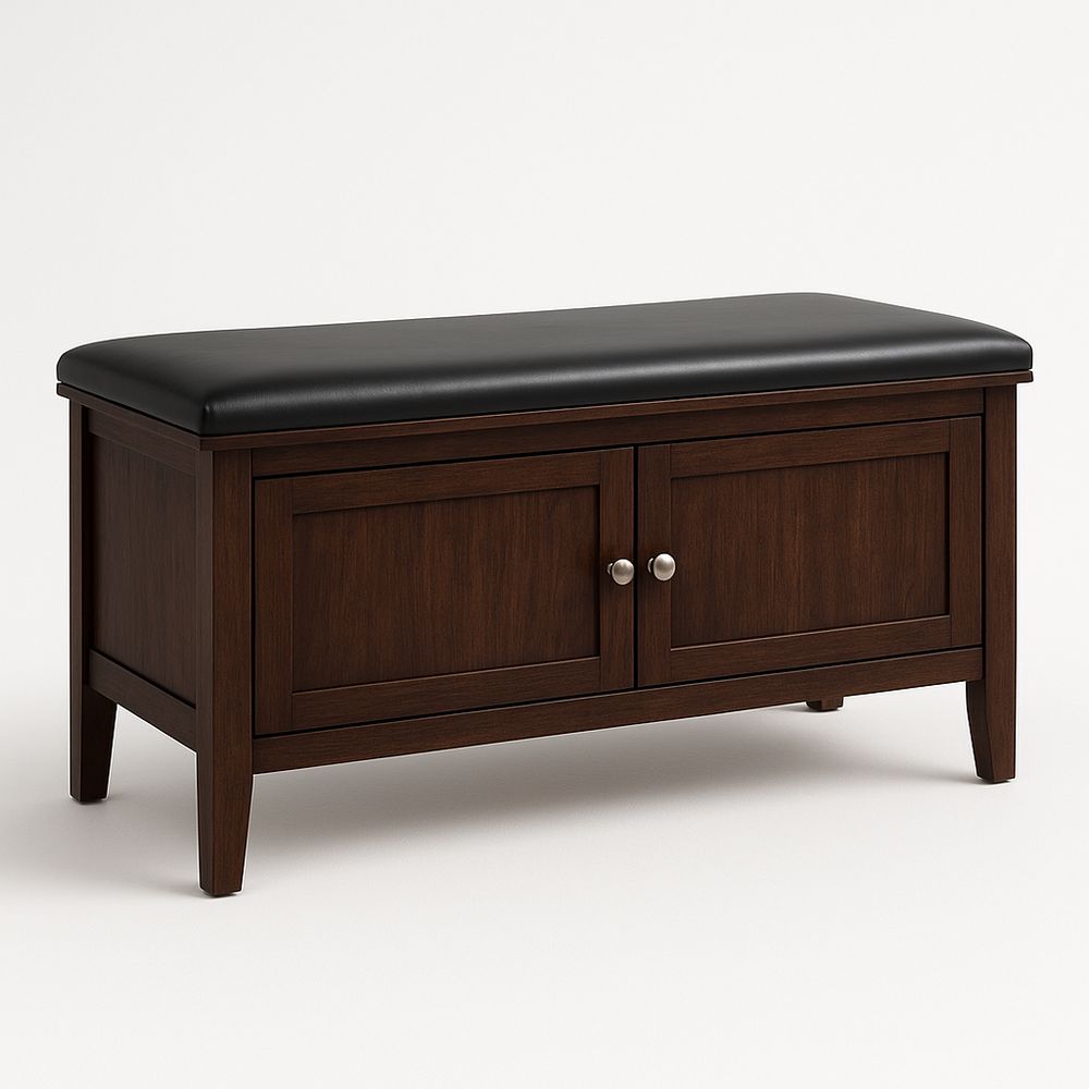 Panca Contenitore in Legno Noce con Seduta in Pelle Nera-Arctilumi