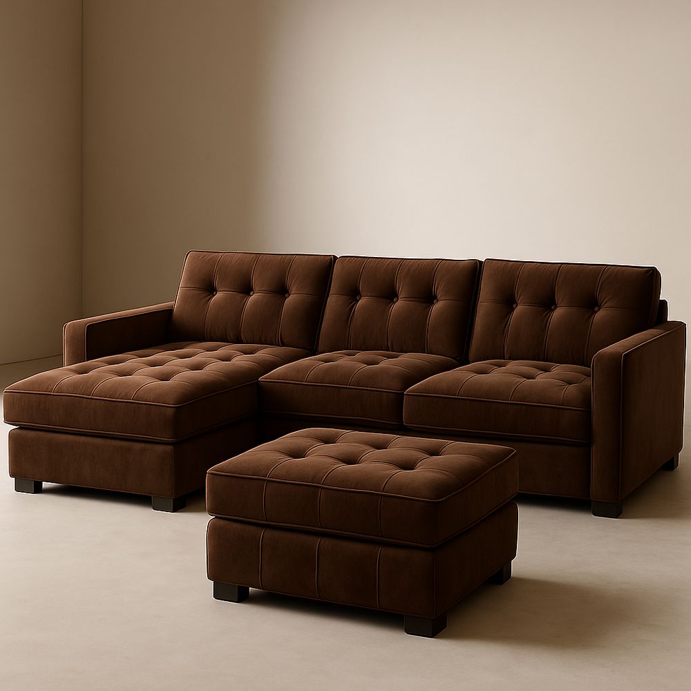 Divano in velluto marrone con chaise longue e poggiapiedi-Arctilumi
