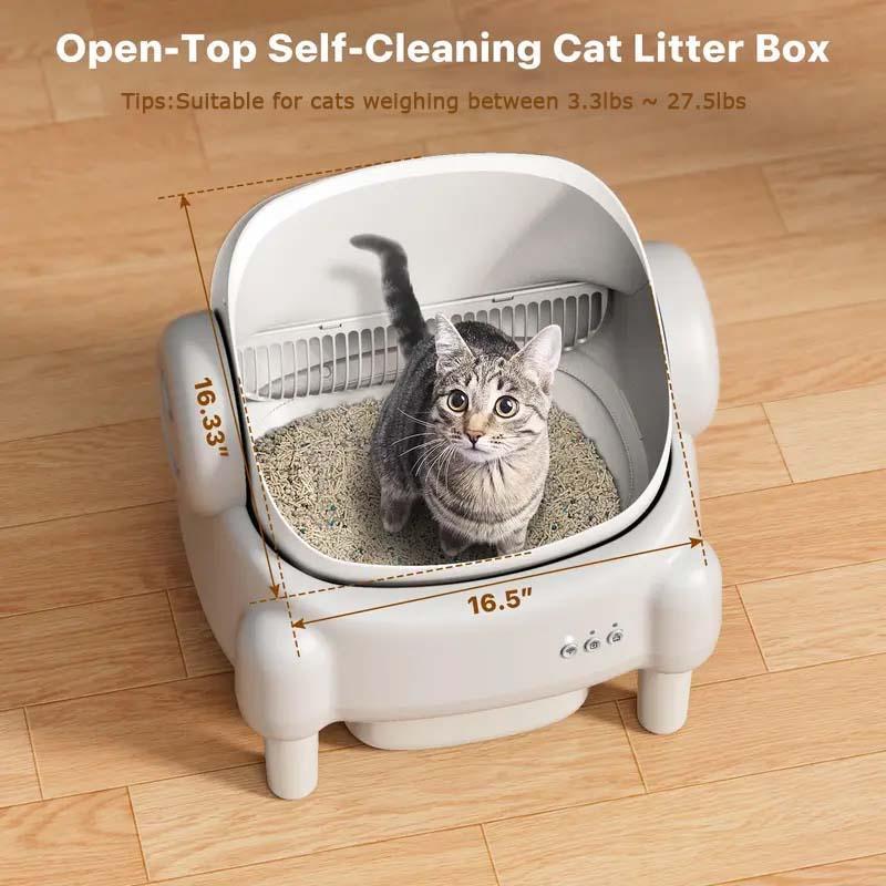 Self Cleaning Cat Litter Box,Open Top Automatic Litter Box with App Control for Multiple Cats, Safety Sensors Protection, Odor Control Includes 2 roll Liners,Large Waste Bin, Cream White