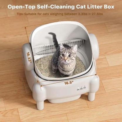 Self Cleaning Cat Litter Box,Open Top Automatic Litter Box with App Control for Multiple Cats, Safety Sensors Protection, Odor Control Includes 2 roll Liners,Large Waste Bin, Cream White