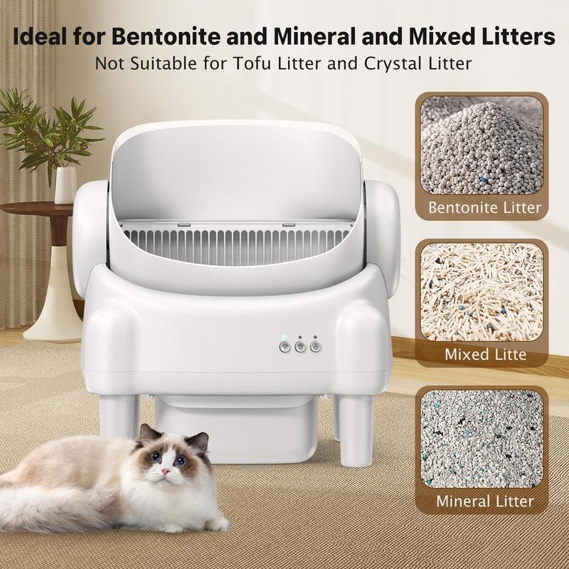 Self Cleaning Cat Litter Box,Open Top Automatic Litter Box with App Control for Multiple Cats, Safety Sensors Protection, Odor Control Includes 2 roll Liners,Large Waste Bin, Cream White