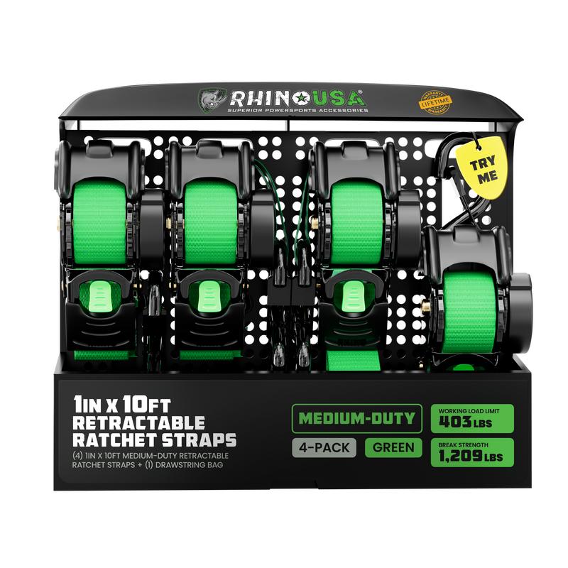 Rhino USA 1" x 10' Retractable Ratchet Straps (select 2 pack or 4 pack) - Medium Duty Self Retracting Tie Down Straps for Truck, Cargo Trailer