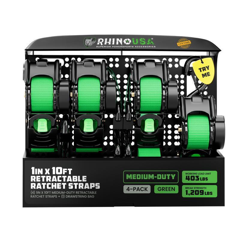 Rhino USA 1" x 10' Retractable Ratchet Straps (select 2 pack or 4 pack) - Medium Duty Self Retracting Tie Down Straps for Truck, Cargo Trailer