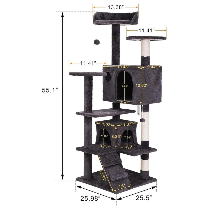 55" Multi-Tier Cat Tree Condo with Plush Perches, Sisal Scratching Posts, and 2 Cozy Hideaways