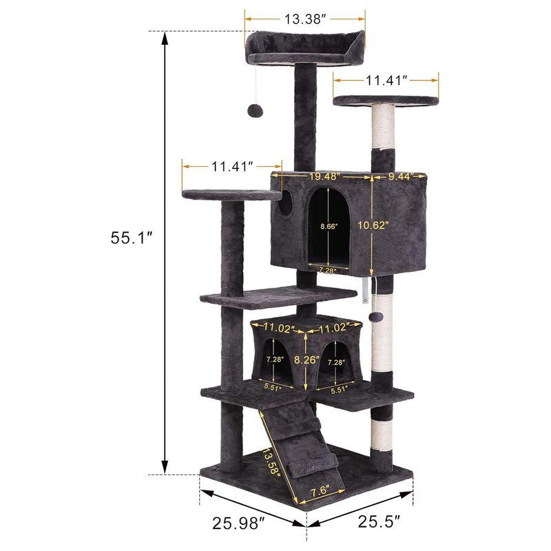 55" Multi-Tier Cat Tree Condo with Plush Perches, Sisal Scratching Posts, and 2 Cozy Hideaways