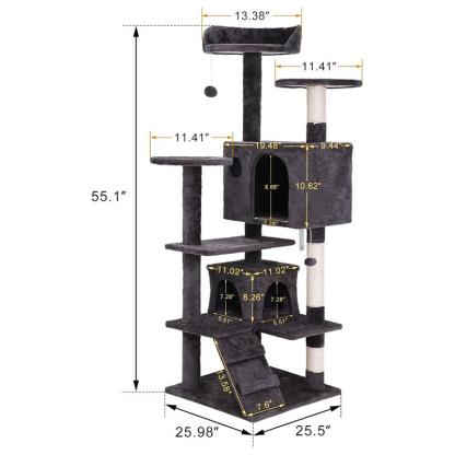 55" Multi-Tier Cat Tree Condo with Plush Perches, Sisal Scratching Posts, and 2 Cozy Hideaways