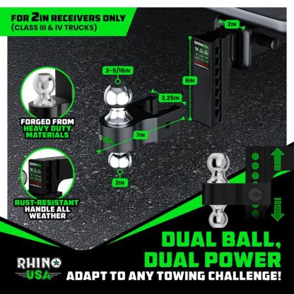 Rhino USA Adjustable Trailer Hitch 2 inch Receiver - Heavy Duty Aluminum Drop Hitch with 12,500lb GTW Towing Capacity for Hauling Heavy Trucks, RV, Trailer, Camper