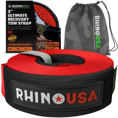 Rhino USA Recovery Tow Strap (3" x 20') 31,518lb Break Strength - Heavy Duty Emergency Recovery Strap Tow Rope for Offroad 4x4 Use for Truck, UTV, ATV Car Accessories