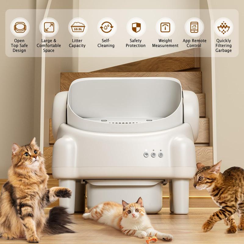 Self Cleaning Cat Litter Box,Open Top Automatic Litter Box with App Control for Multiple Cats, Safety Sensors Protection, Odor Control Includes 2 roll Liners,Large Waste Bin, Cream White