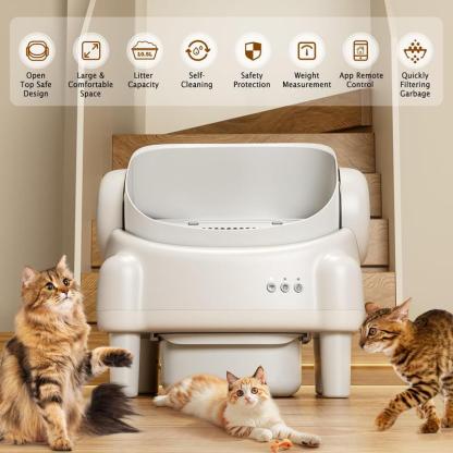Self Cleaning Cat Litter Box,Open Top Automatic Litter Box with App Control for Multiple Cats, Safety Sensors Protection, Odor Control Includes 2 roll Liners,Large Waste Bin, Cream White