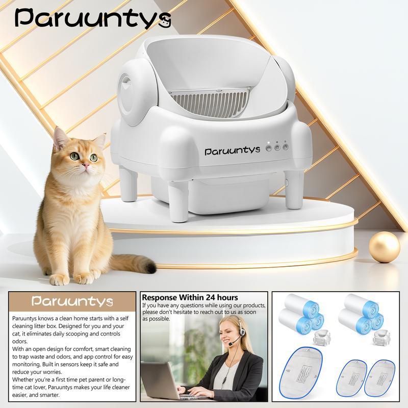 Paruuntys Self Cleaning Cat Litter Box,Open Top Automatic Litter Box with App Control for Multiple Cats, Safety Sensors Protection, Odor Control Includes 2 roll Liners,Large Waste Bin, Cream White