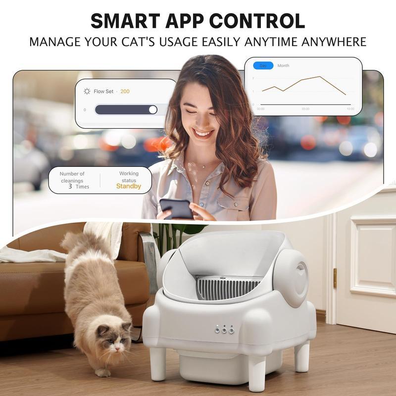 Self Cleaning Cat Litter Box,Open Top Automatic Litter Box with App Control for Multiple Cats, Safety Sensors Protection, Odor Control Includes 2 roll Liners,Large Waste Bin, Cream White