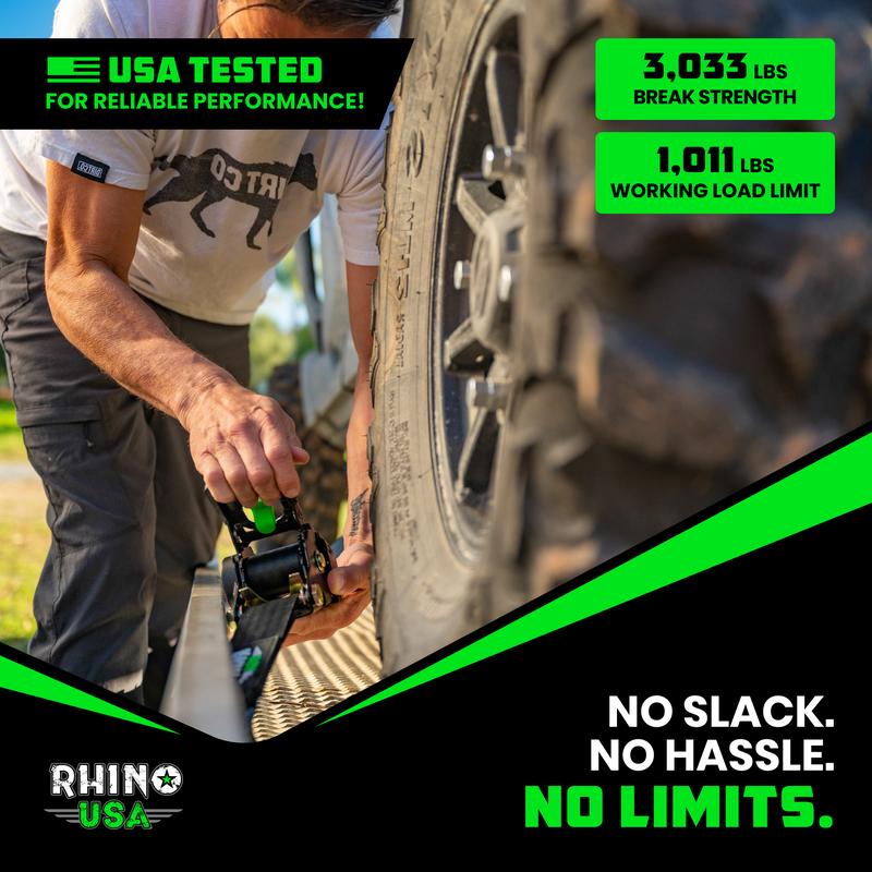 Rhino USA 2" x 10' Retractable Ratchet Straps 2- or 4-Pack - (3,033lb Break Strength) - Heavy Duty Self Retracting Tie Down Straps for Truck, Cargo Trailer
