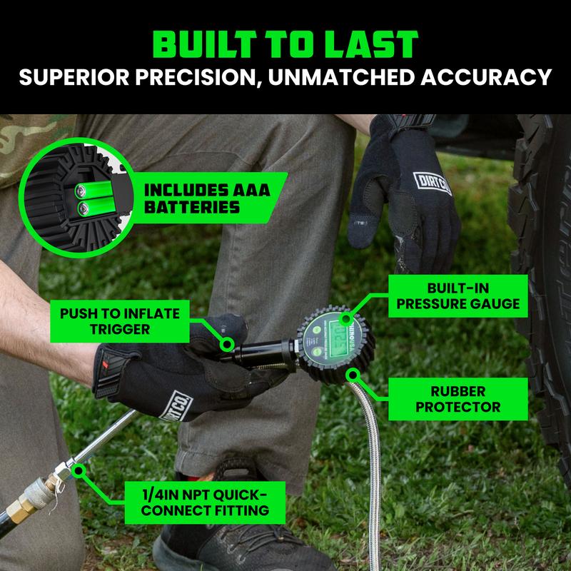 Rhino USA Digital Tire Pressure Gauge with Inflator (0-200 PSI) - Heavy Duty Air Chuck and Compressor Accessories ANSI Grade B40.1 Accuracy Pump Performance