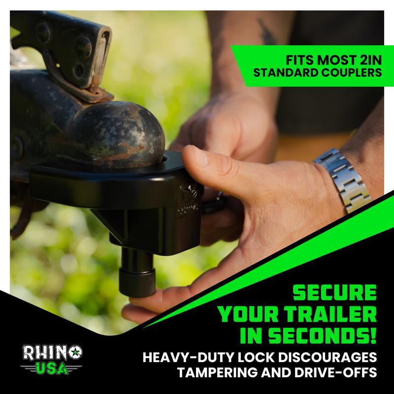 Rhino USA Trailer Hitch Coupler Lock Kit (Choose 2" or 2-5/16" Trailer) Heavy Duty Anti Theft Trailer Coupler Locks for RV, Camper, Trailer, Boat, Caravan - Reinforced Solid Steel Tow Lock for Trailer Tongue