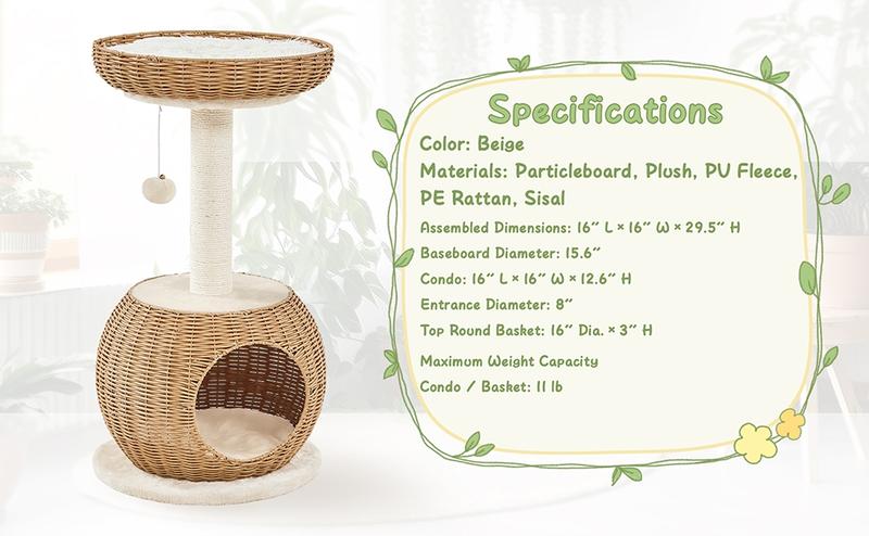 【Christmas Gift】Yaheetech 54in Rattan Cat Tree Tower with Luxury Woven Condo, Clear Bowl, Washable Cushions, and Scratching Posts, Cat Furniture for Indoor Cats