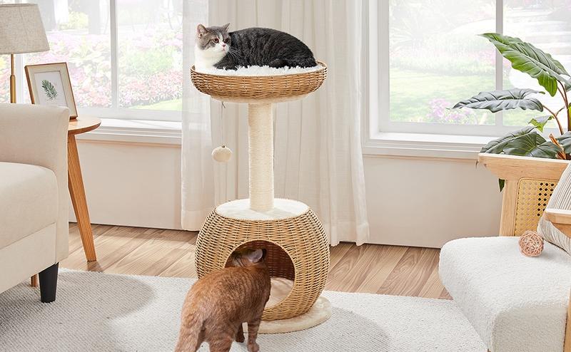 【Christmas Gift】Yaheetech 54in Rattan Cat Tree Tower with Luxury Woven Condo, Clear Bowl, Washable Cushions, and Scratching Posts, Cat Furniture for Indoor Cats