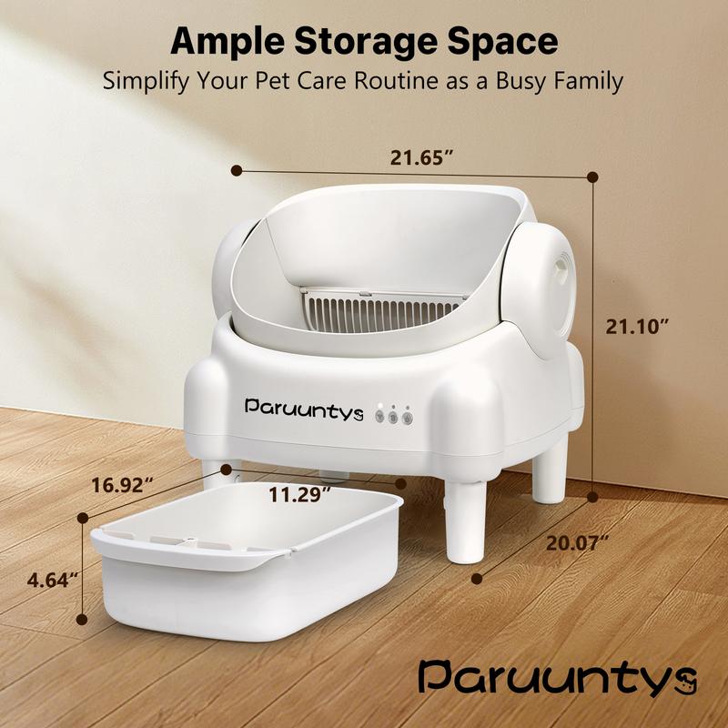 Paruuntys Self Cleaning Cat Litter Box,Open Top Automatic Litter Box with App Control for Multiple Cats, Safety Sensors Protection, Odor Control Includes 2 roll Liners,Large Waste Bin, Cream White
