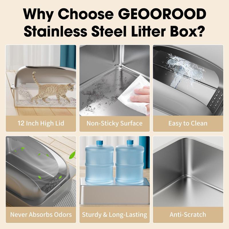 【Geoorood】Geoorood XXL Cat Litter Box Stainless Steel 20L with Lid,  XL Large Metal Litter Box High Sided Design,Anti-Urine Leakage, Include Cat Mat & Litter Scoop, NeverAbsorbsOdors, EasyCleaning, Non-Sticky#TikTokShopBlackFriday&CyberMonday
