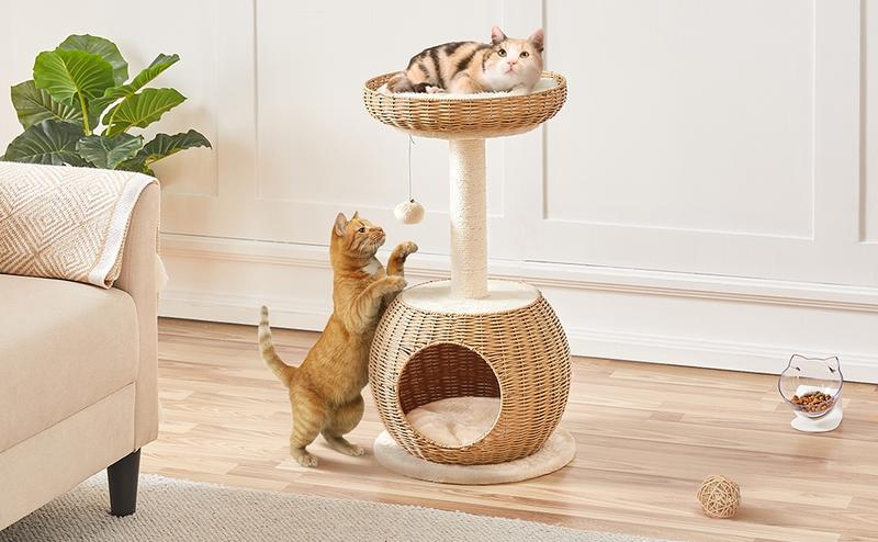 【Christmas Gift】Yaheetech 54in Rattan Cat Tree Tower with Luxury Woven Condo, Clear Bowl, Washable Cushions, and Scratching Posts, Cat Furniture for Indoor Cats