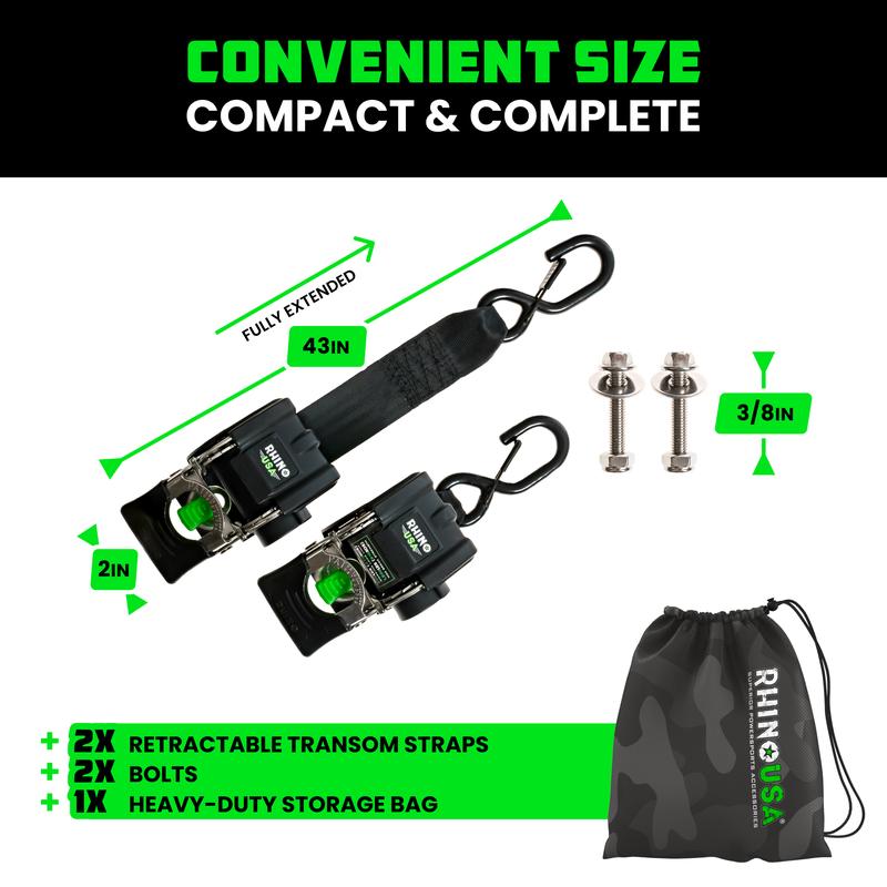 Rhino USA Retractable Boat Trailer Tie Down Straps 2PK – Durable (2in x 43in) Trailer Mount Transom Straps for Boat, Jet Ski – Stainless Steel – Salt Water Compatible