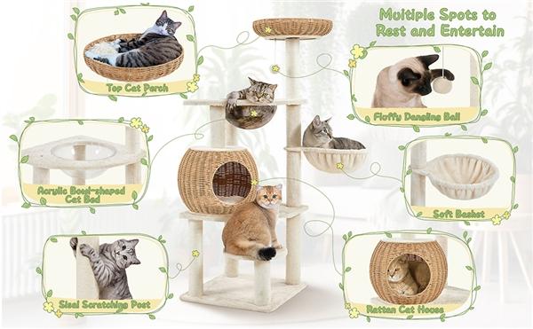 【Christmas Gift】Yaheetech 54in Rattan Cat Tree Tower with Luxury Woven Condo, Clear Bowl, Washable Cushions, and Scratching Posts, Cat Furniture for Indoor Cats