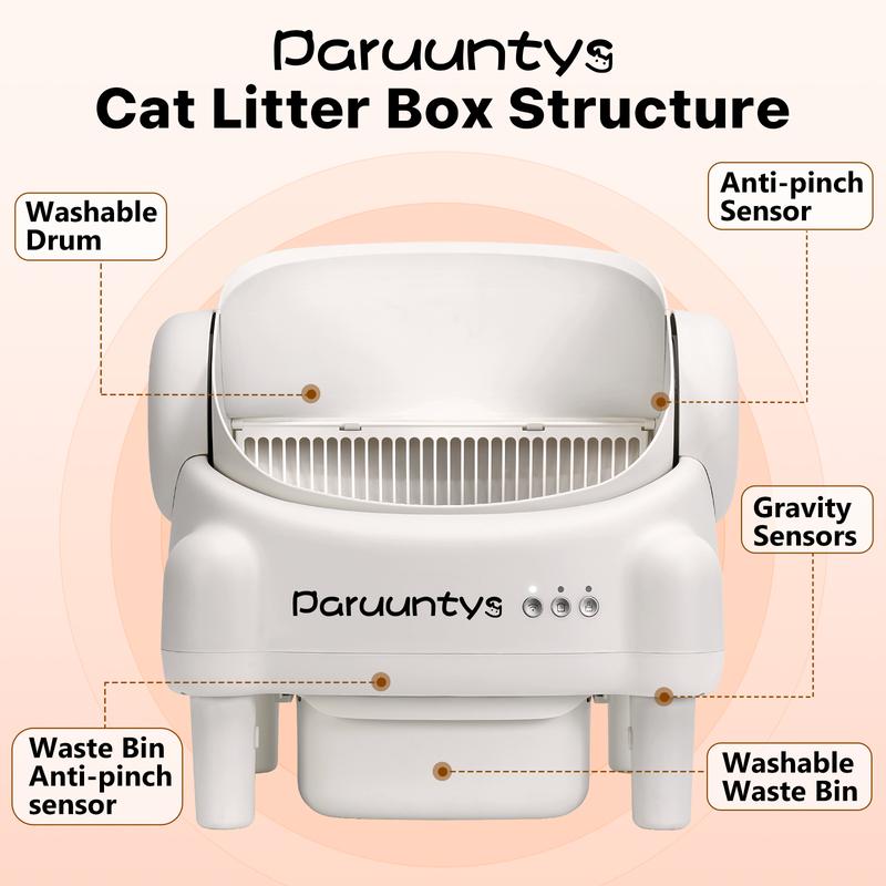 Paruuntys Self Cleaning Cat Litter Box,Open Top Automatic Litter Box with App Control for Multiple Cats, Safety Sensors Protection, Odor Control Includes 2 roll Liners,Large Waste Bin, Cream White