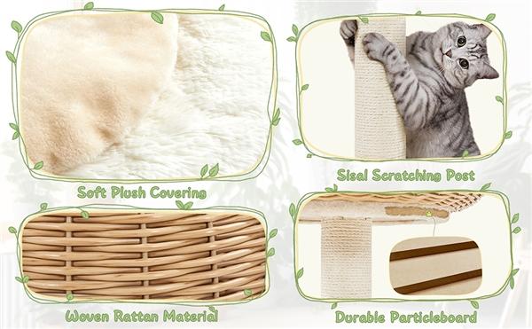 【Christmas Gift】Yaheetech 54in Rattan Cat Tree Tower with Luxury Woven Condo, Clear Bowl, Washable Cushions, and Scratching Posts, Cat Furniture for Indoor Cats